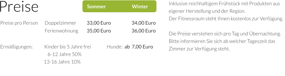 Preise Sommer                           Winter Preise pro Person 	Doppelzimmer	33,00 Euro	34,00 Euro 	Ferienwohnung	35,00 Euro	36,00 Euro	 Ermäßigungen:            Kinder bis 5 Jahre frei 		Hunde:  ab  7,00 Euro                                     		6-12 Jahre 50%                                               13-16 Jahre 10%   Inklusive reichhaltigem Frühstück mit Produkten aus eigener Herstellung und der Region. Der Fitnessraum steht Ihnen kostenlos zur Verfügung.  Die Preise verstehen sich pro Tag und Übernachtung. Bitte informieren Sie sich ab welcher Tageszeit das Zimmer zur Verfügung steht.
